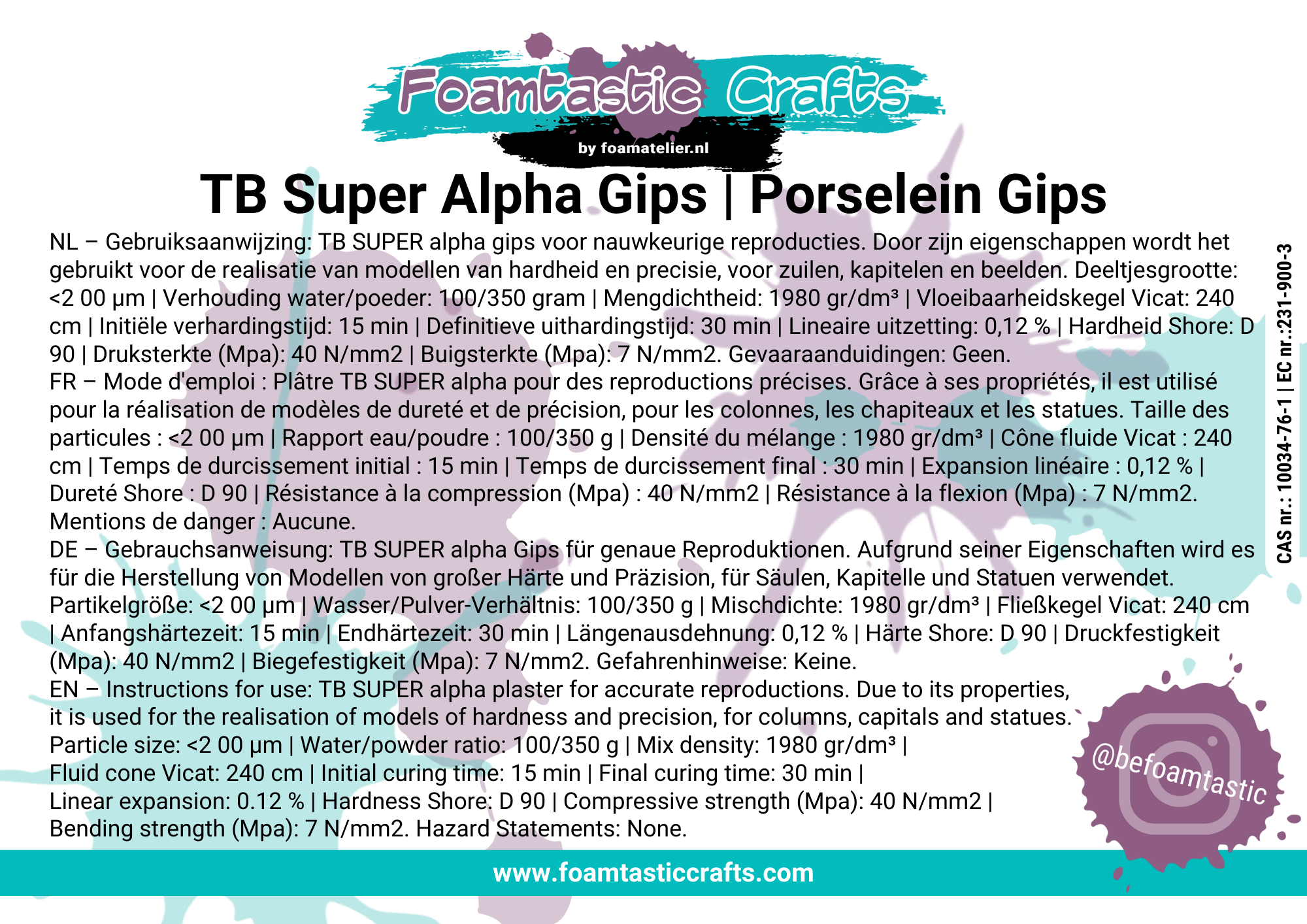 Foamtastic | TB Super Porselein Gips 25 KG | Befoamtastic