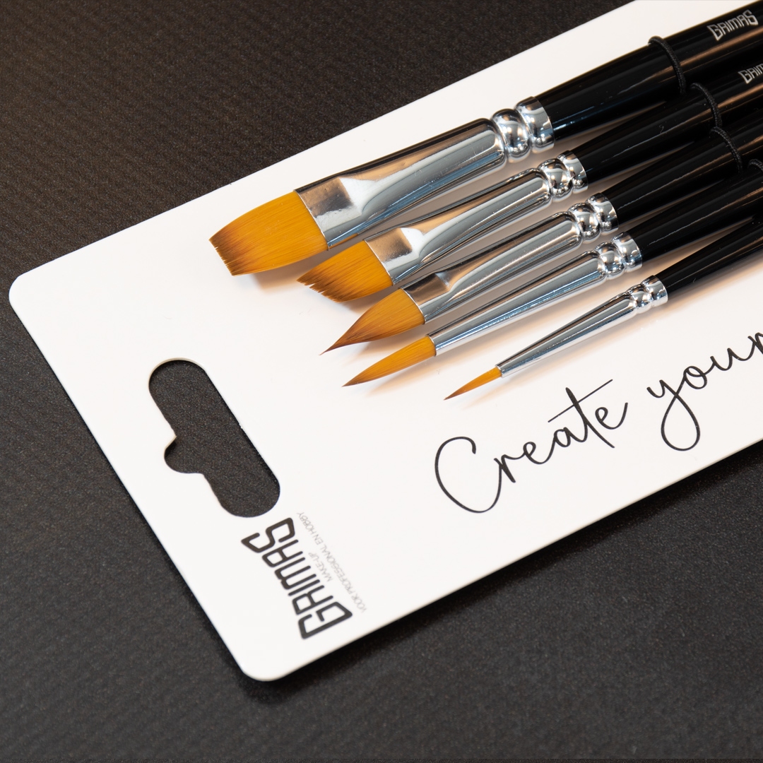 Grimas | Face Paint Brush Set 5 penselen (Rond 2x | Flora | Angle | Plat)